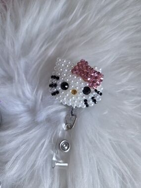 Pearl Beaded Hello Kitty Badge Reel with Pink Bow